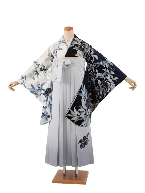 卒業袴レンタル二尺袖 紺地 片身替り 牡丹 2099