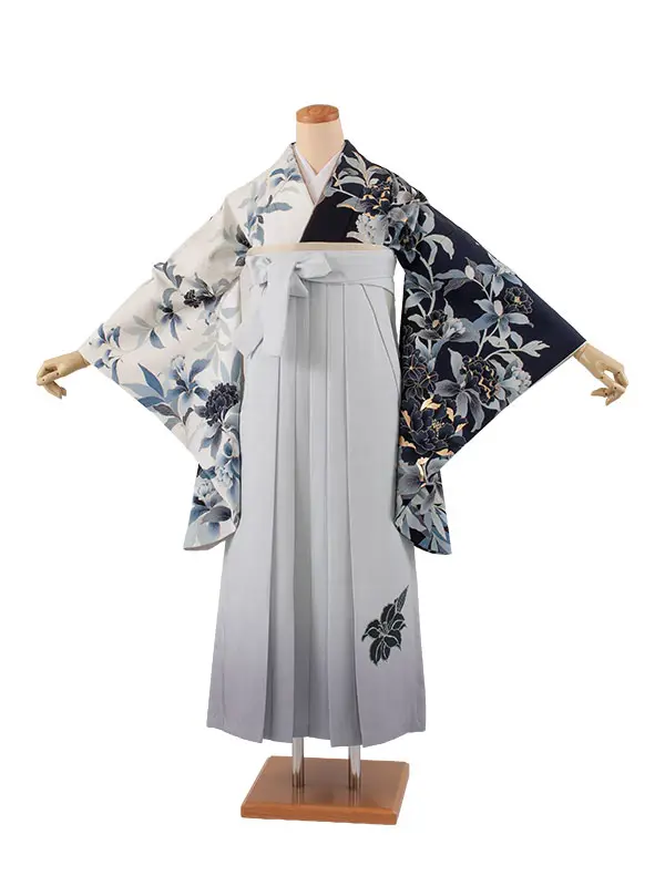 卒業袴レンタル二尺袖 紺地 片身替り 牡丹 2099