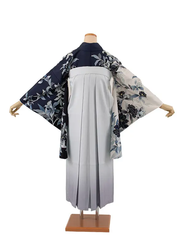 卒業袴レンタル二尺袖 紺地 片身替り 牡丹 2099