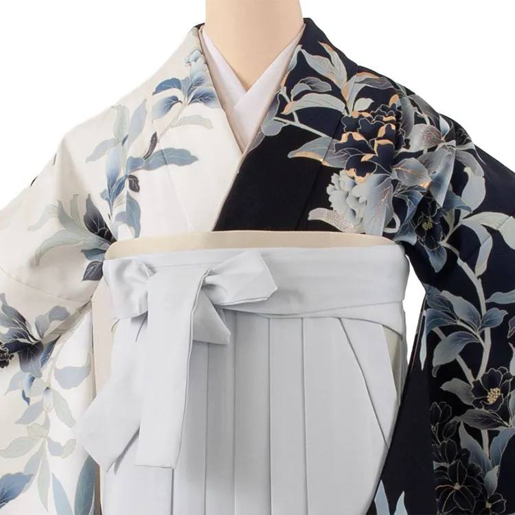 卒業袴レンタル二尺袖 紺地 片身替り 牡丹 2099