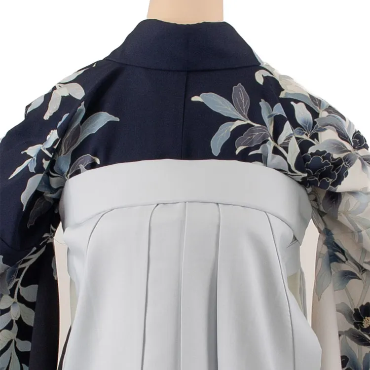 卒業袴レンタル二尺袖 紺地 片身替り 牡丹 2099