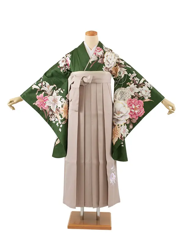 卒業袴レンタル二尺袖 深緑 牡丹 百合 2101