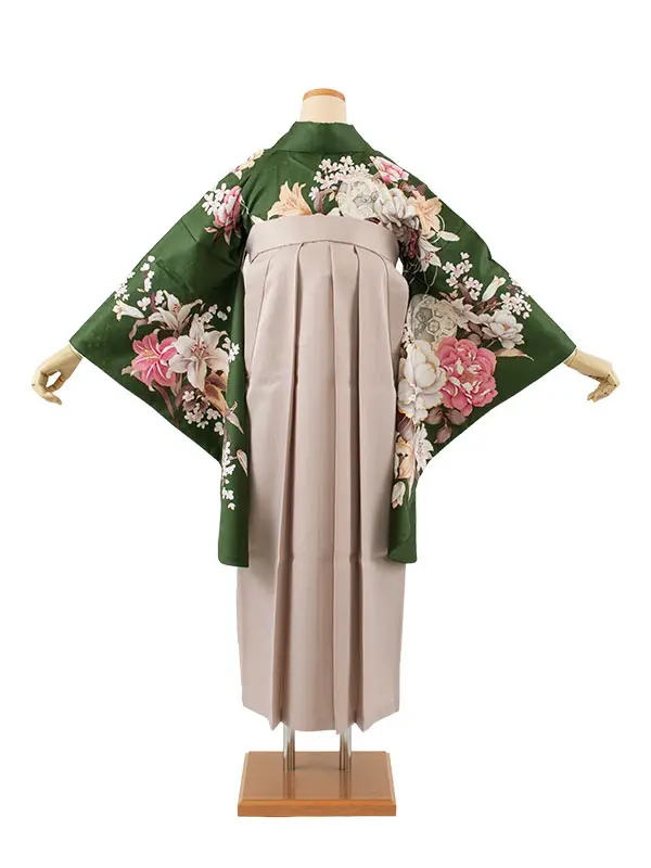 卒業袴レンタル二尺袖 深緑 牡丹 百合 2101