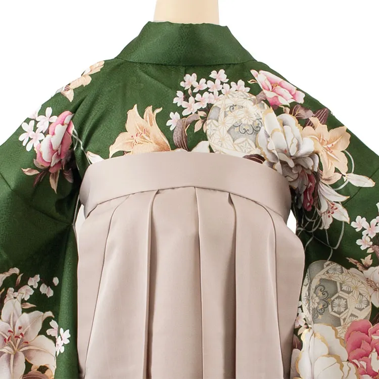 卒業袴レンタル二尺袖 深緑 牡丹 百合 2101