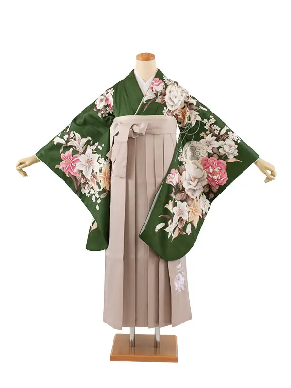 卒業袴レンタル二尺袖 深緑 牡丹 百合 2102