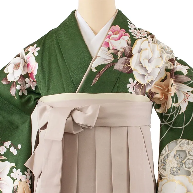 卒業袴レンタル二尺袖 深緑 牡丹 百合 2102