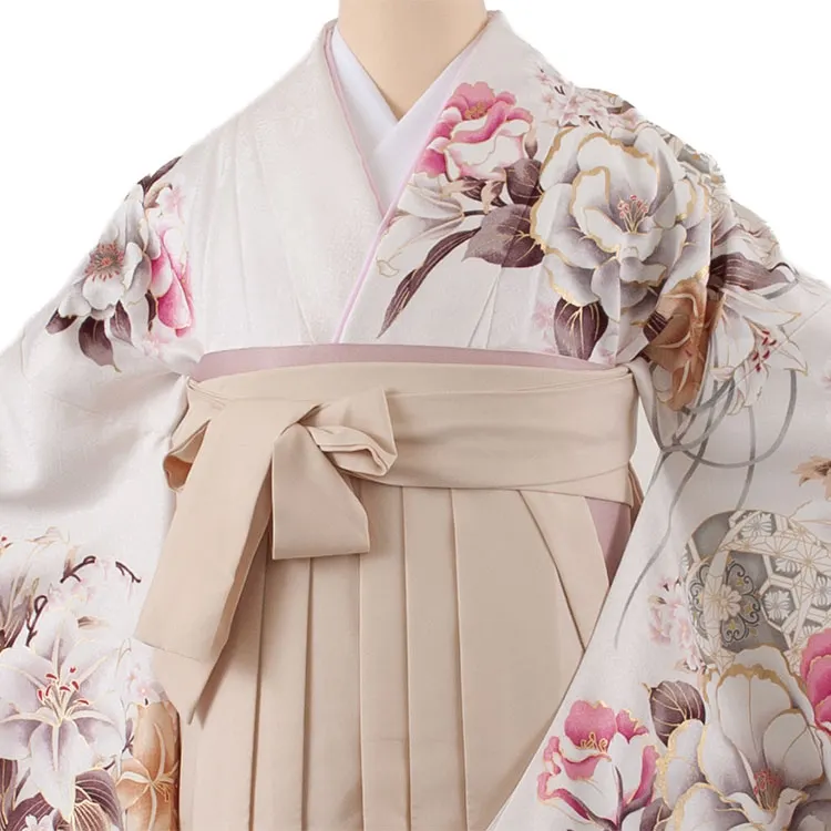 卒業袴レンタル二尺袖 白地 牡丹 百合 2103