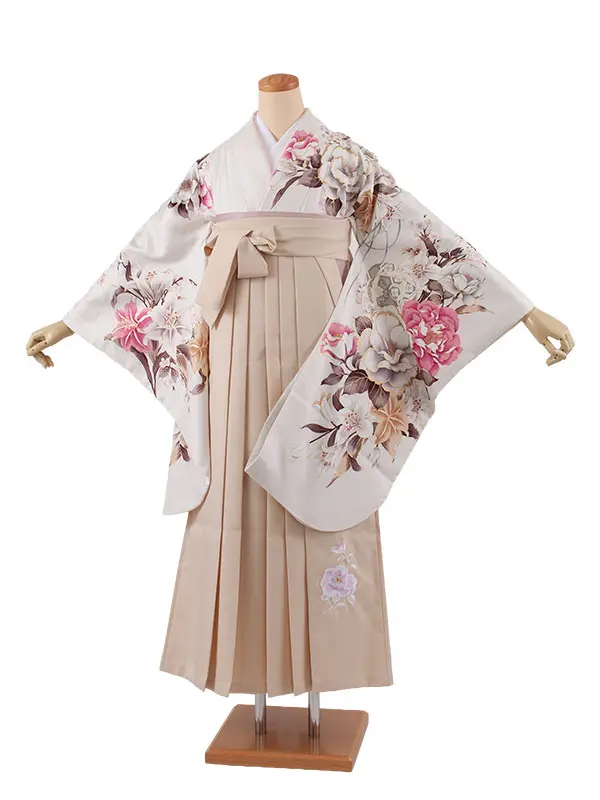 卒業袴レンタル二尺袖 白地 牡丹 百合 2104