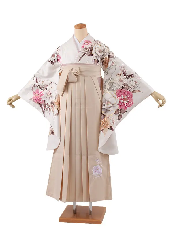 卒業袴レンタル二尺袖 白地 牡丹 百合 2104