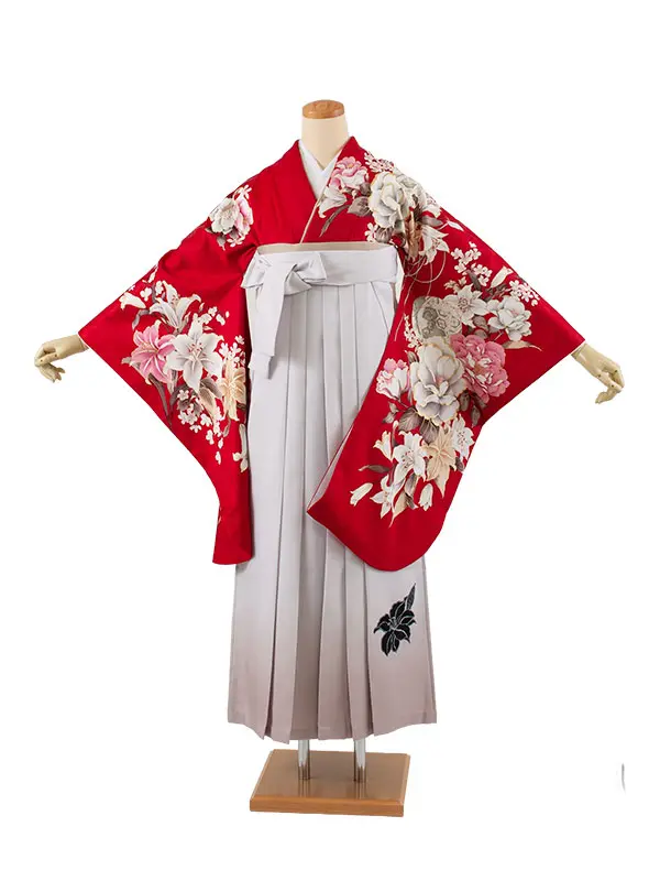 卒業袴レンタル二尺袖 赤地 牡丹 百合 2105