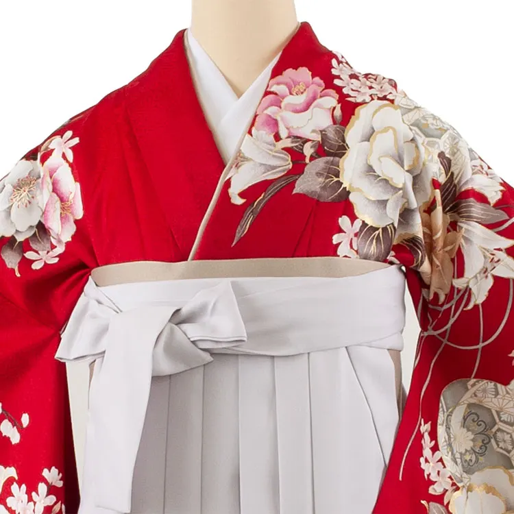卒業袴レンタル二尺袖 赤地 牡丹 百合 2105