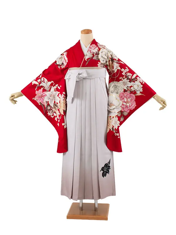 卒業袴レンタル二尺袖 赤地 牡丹 百合 2106