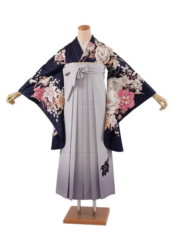 卒業袴レンタル二尺袖 紺地 牡丹 百合 2107