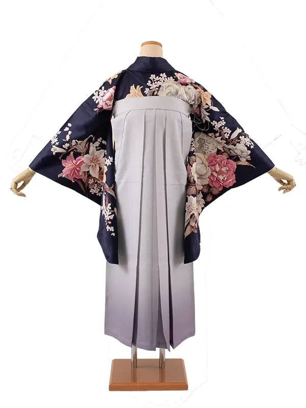 卒業袴レンタル二尺袖 紺地 牡丹 百合 2107