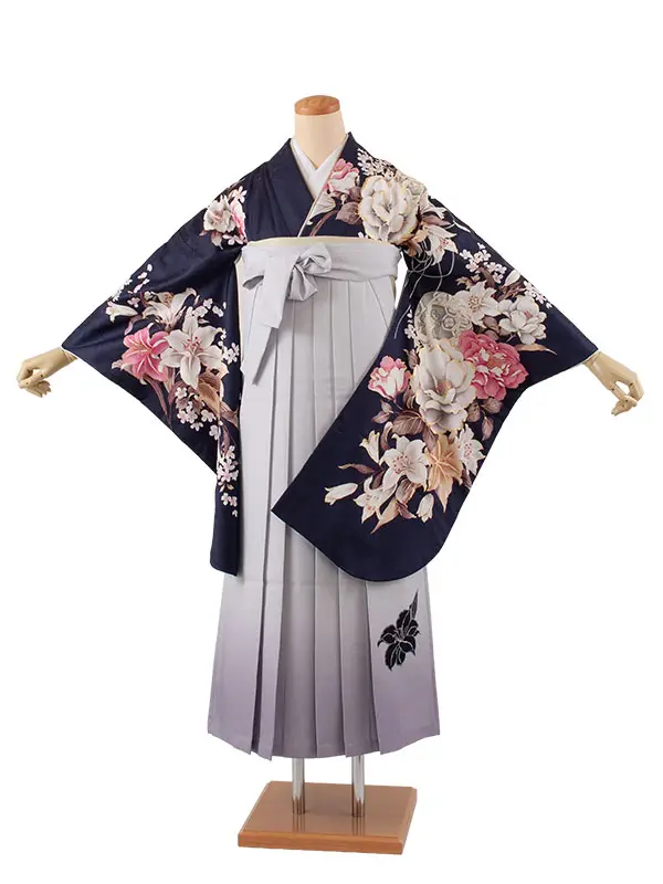 卒業袴レンタル二尺袖 紺地 牡丹 百合 2108