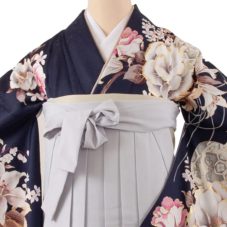 卒業袴レンタル二尺袖 紺地 牡丹 百合 2108