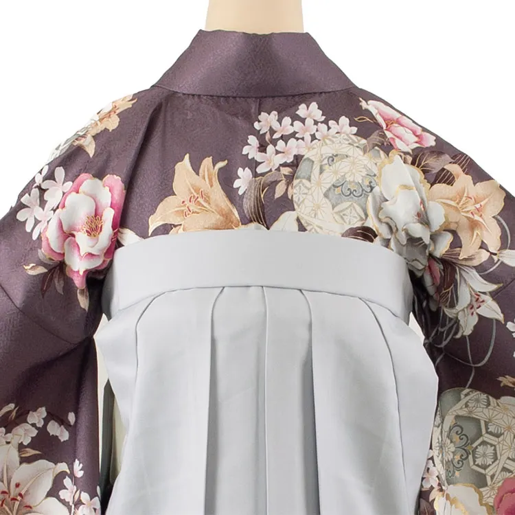 卒業袴レンタル二尺袖 くすみ紫 牡丹 百合 2110