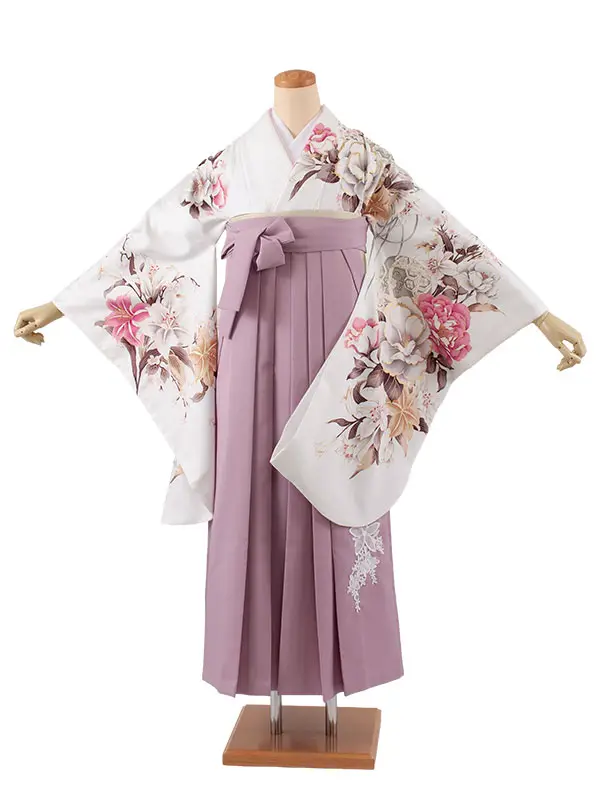 卒業袴レンタル二尺袖 白地 牡丹 百合 2111