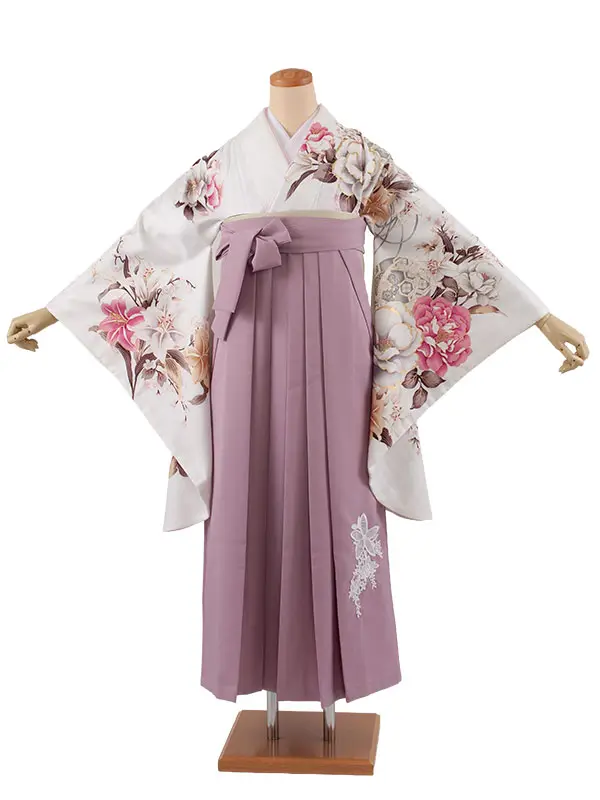 卒業袴レンタル二尺袖 白地 牡丹 百合 2111