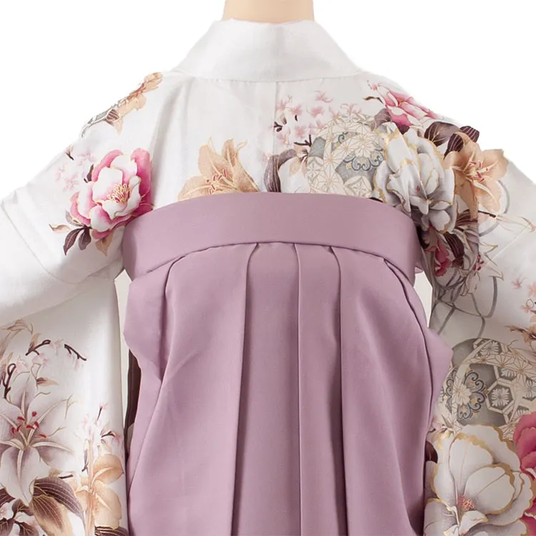 卒業袴レンタル二尺袖 白地 牡丹 百合 2111