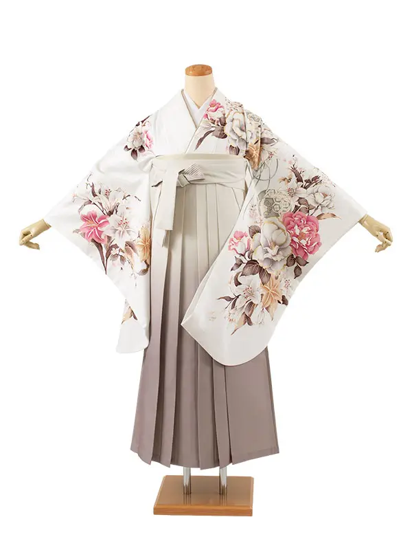卒業袴レンタル二尺袖 白地 牡丹 百合 2112