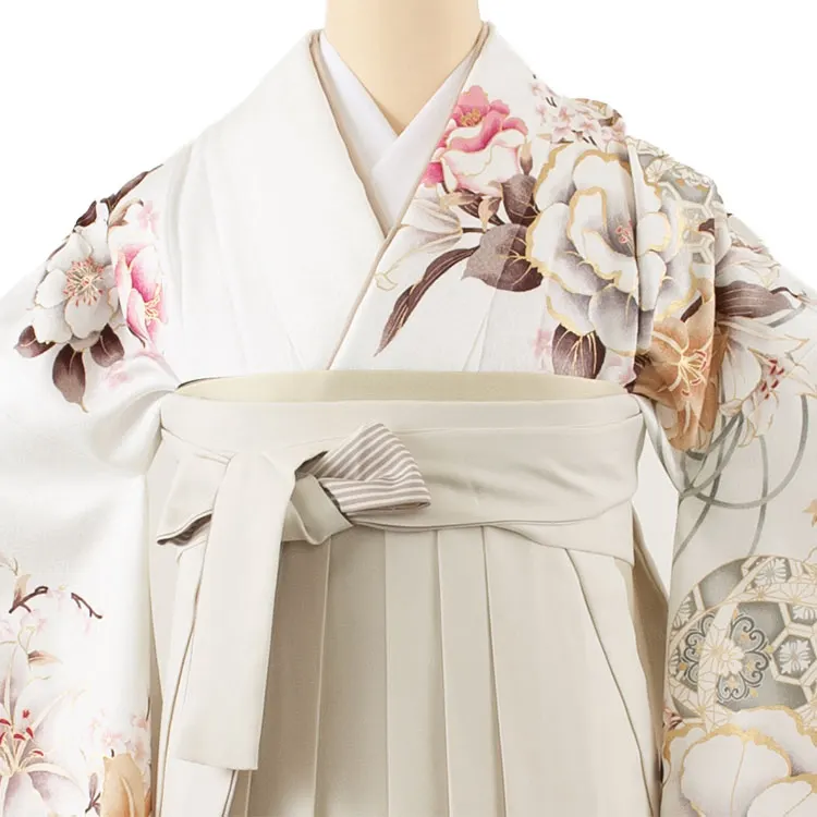 卒業袴レンタル二尺袖 白地 牡丹 百合 2112