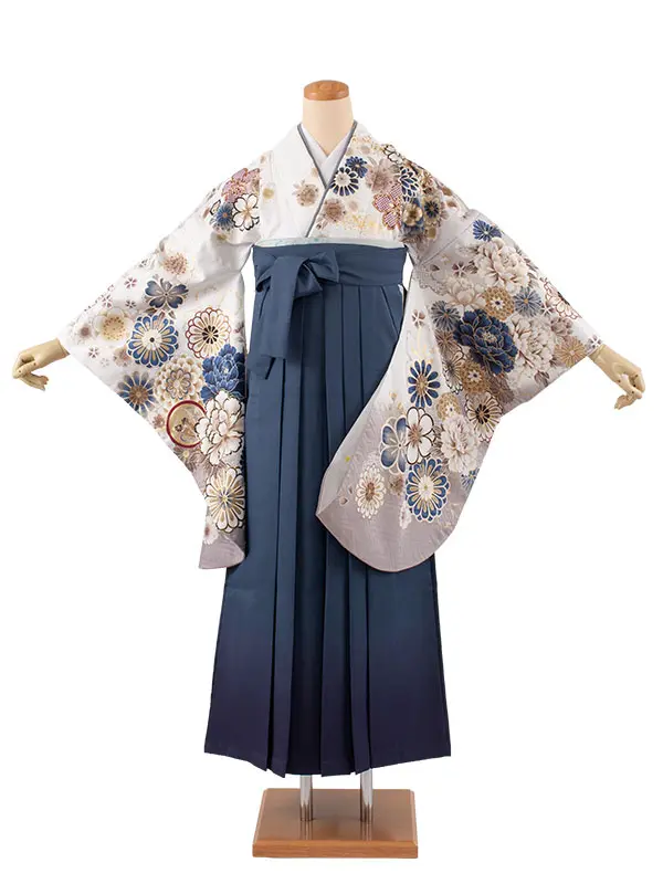 卒業袴レンタル二尺袖 白地 牡丹 桜 グラデーション袴 2116