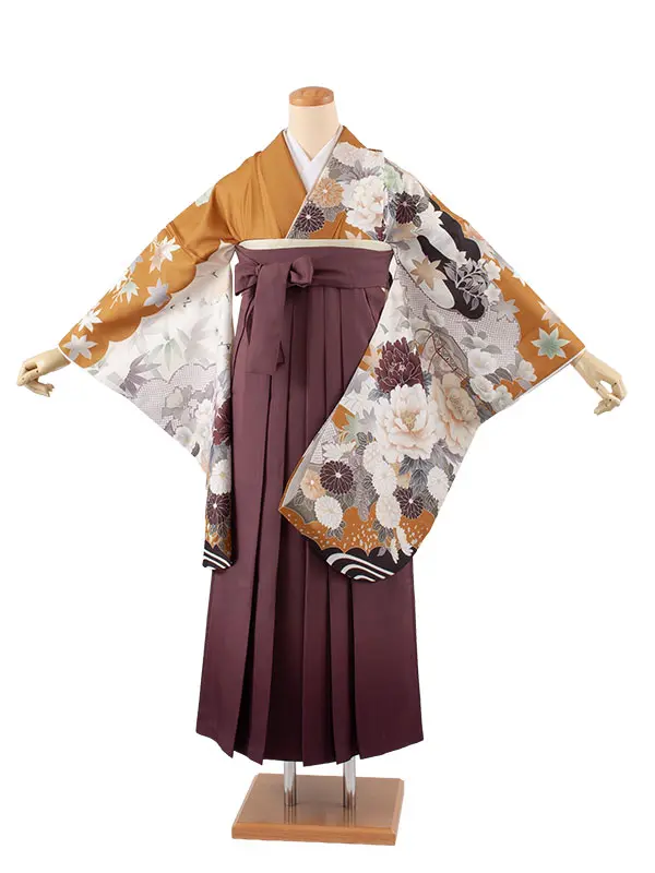 卒業袴レンタル二尺袖 山吹色 牡丹 2117