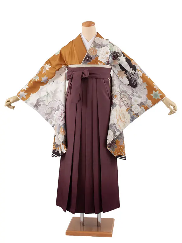 卒業袴レンタル二尺袖 山吹色 牡丹 2117