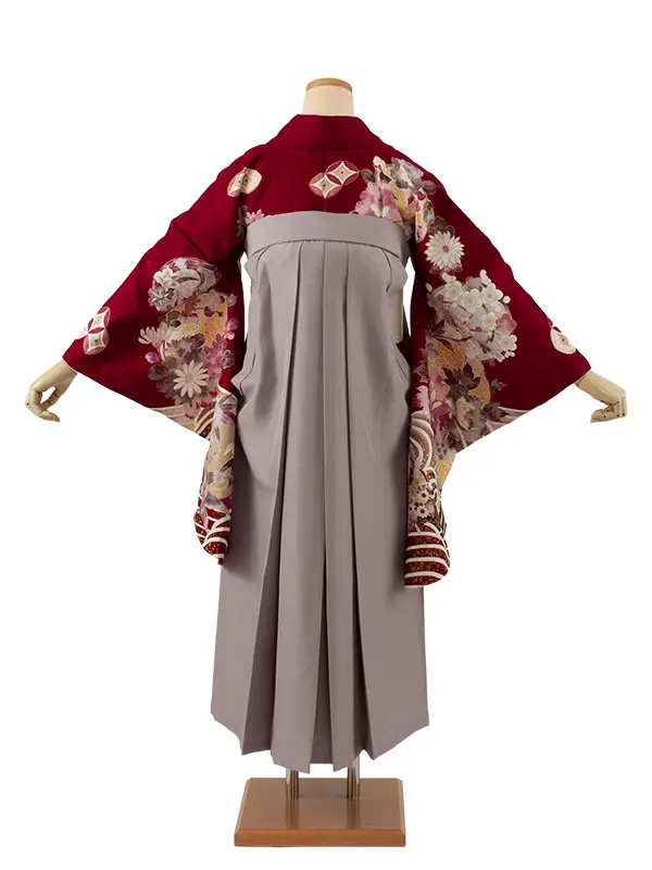 卒業袴レンタル二尺袖 ワインレッド 牡丹 梅 2118