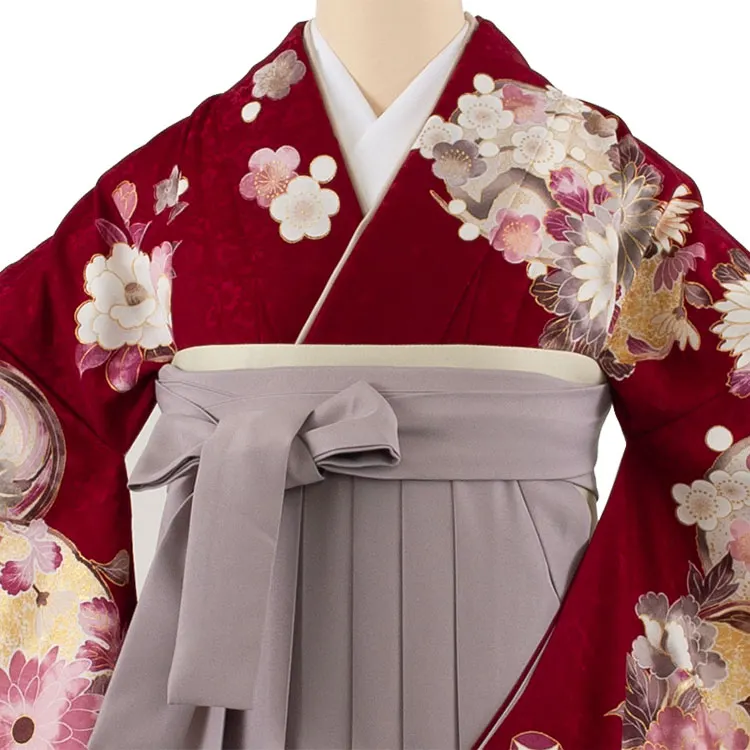 卒業袴レンタル二尺袖 ワインレッド 牡丹 梅 2118
