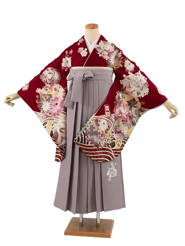 卒業袴レンタル二尺袖 ワインレッド 牡丹 梅 2119
