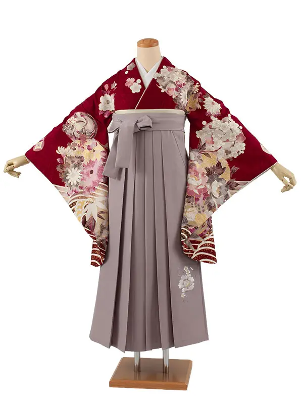 卒業袴レンタル二尺袖 ワインレッド 牡丹 梅 2119
