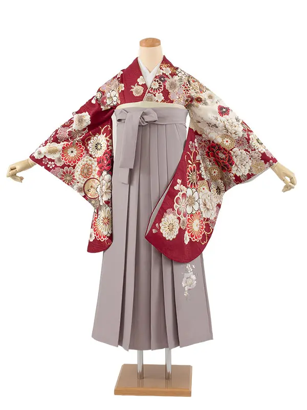 卒業袴レンタル二尺袖 ワインレッド 牡丹 桜 2124