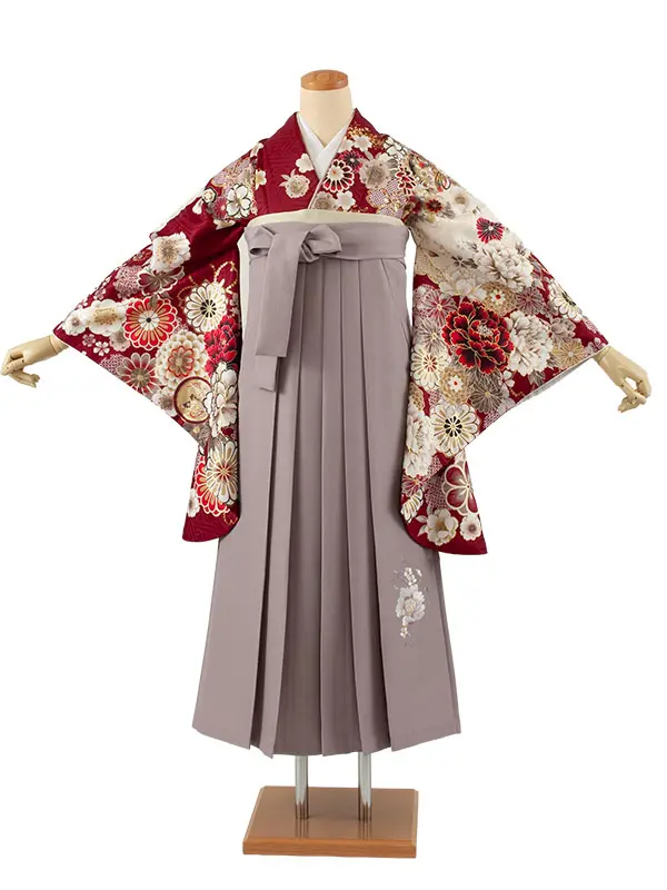 卒業袴レンタル二尺袖 ワインレッド 牡丹 桜 2124