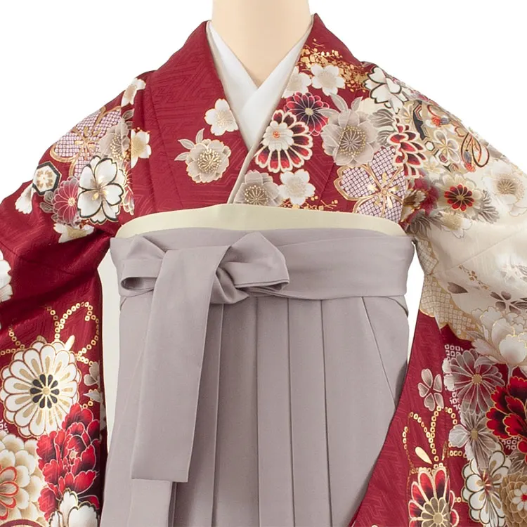 卒業袴レンタル二尺袖 ワインレッド 牡丹 桜 2124