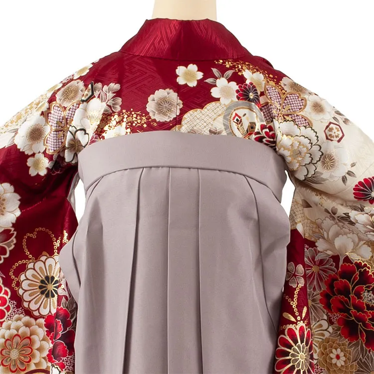卒業袴レンタル二尺袖 ワインレッド 牡丹 桜 2124