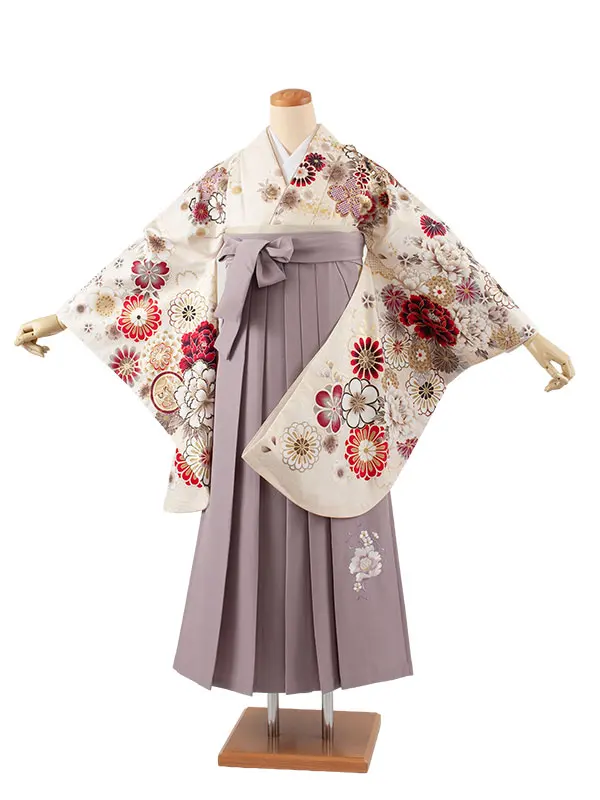 卒業袴レンタル二尺袖 クリーム 牡丹 桜 2125