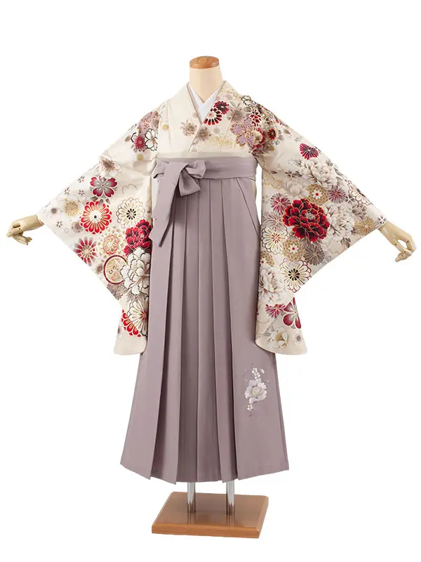 卒業袴レンタル二尺袖 クリーム 牡丹 桜 2125