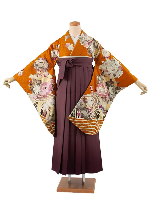 卒業袴レンタル二尺袖 橙色 牡丹 梅 2131