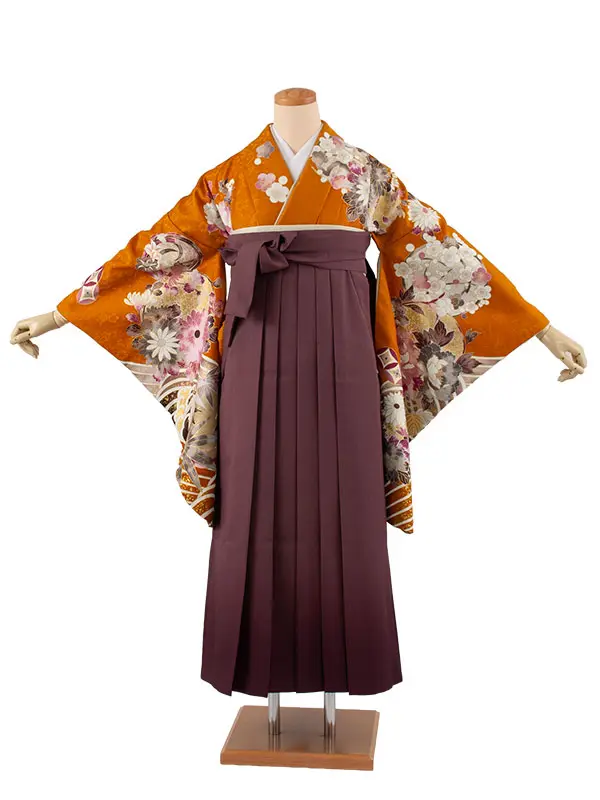 卒業袴レンタル二尺袖 橙色 牡丹 梅 2131