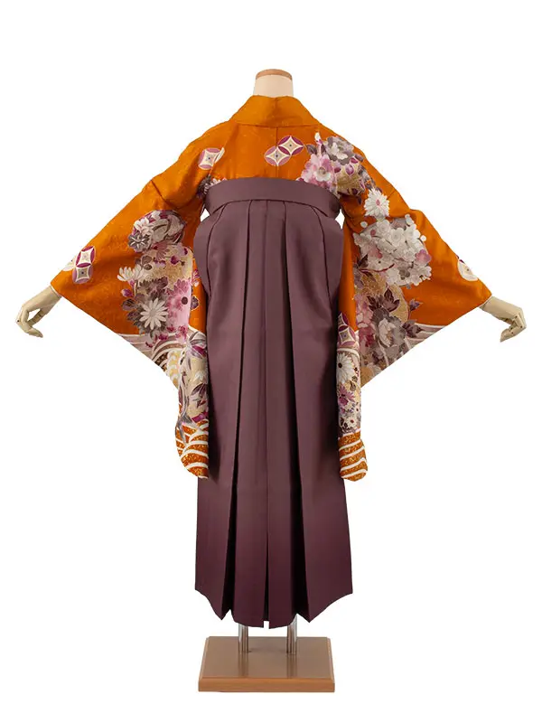 卒業袴レンタル二尺袖 橙色 牡丹 梅 2131