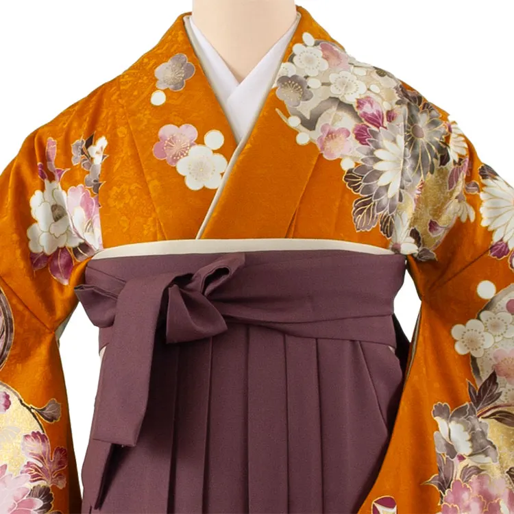 卒業袴レンタル二尺袖 橙色 牡丹 梅 2131
