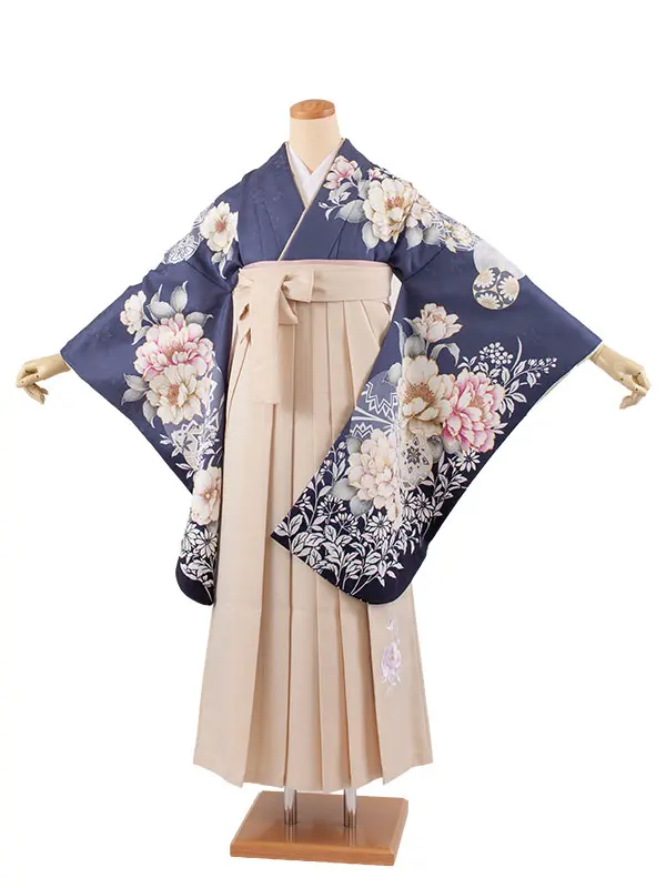 卒業袴レンタル二尺袖 紺地 牡丹 2132