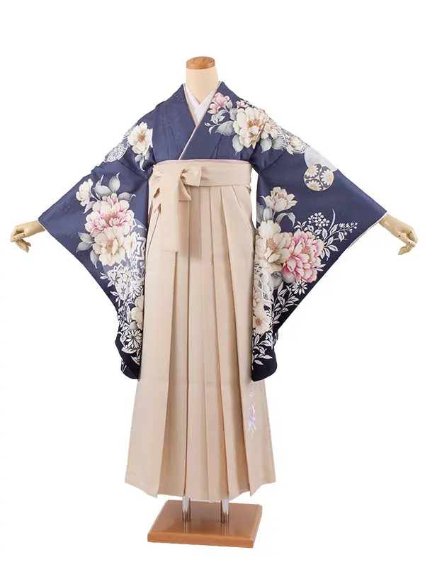 卒業袴レンタル二尺袖 紺地 牡丹 2132