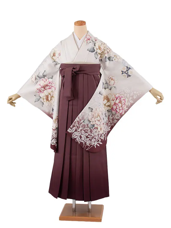 卒業袴レンタル二尺袖 オフホワイト 牡丹 2135