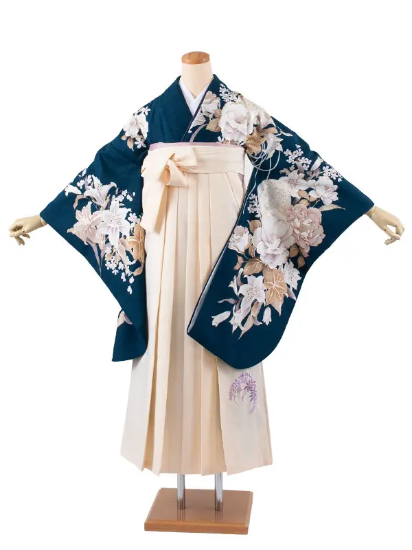 卒業袴レンタル二尺袖 紺地 牡丹に百合 2149