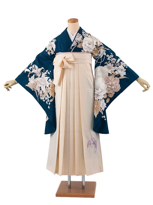 卒業袴レンタル二尺袖 紺地 牡丹に百合 2149