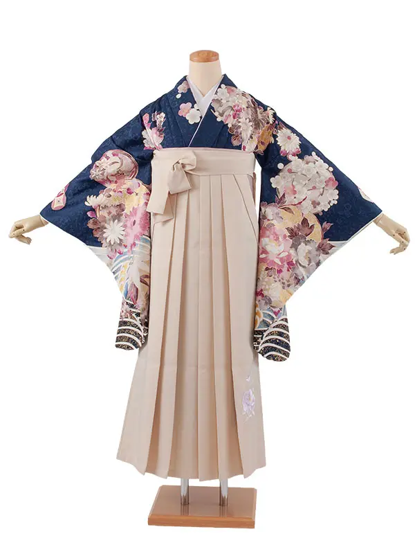 卒業袴レンタル二尺袖 紺地 牡丹に梅 2153