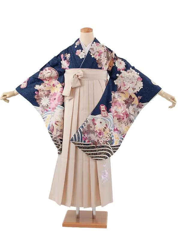 卒業袴レンタル二尺袖 紺地 牡丹に梅 2154